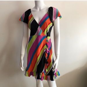 Betsey Johnson Neon Rainbow Silk Wrap Dress